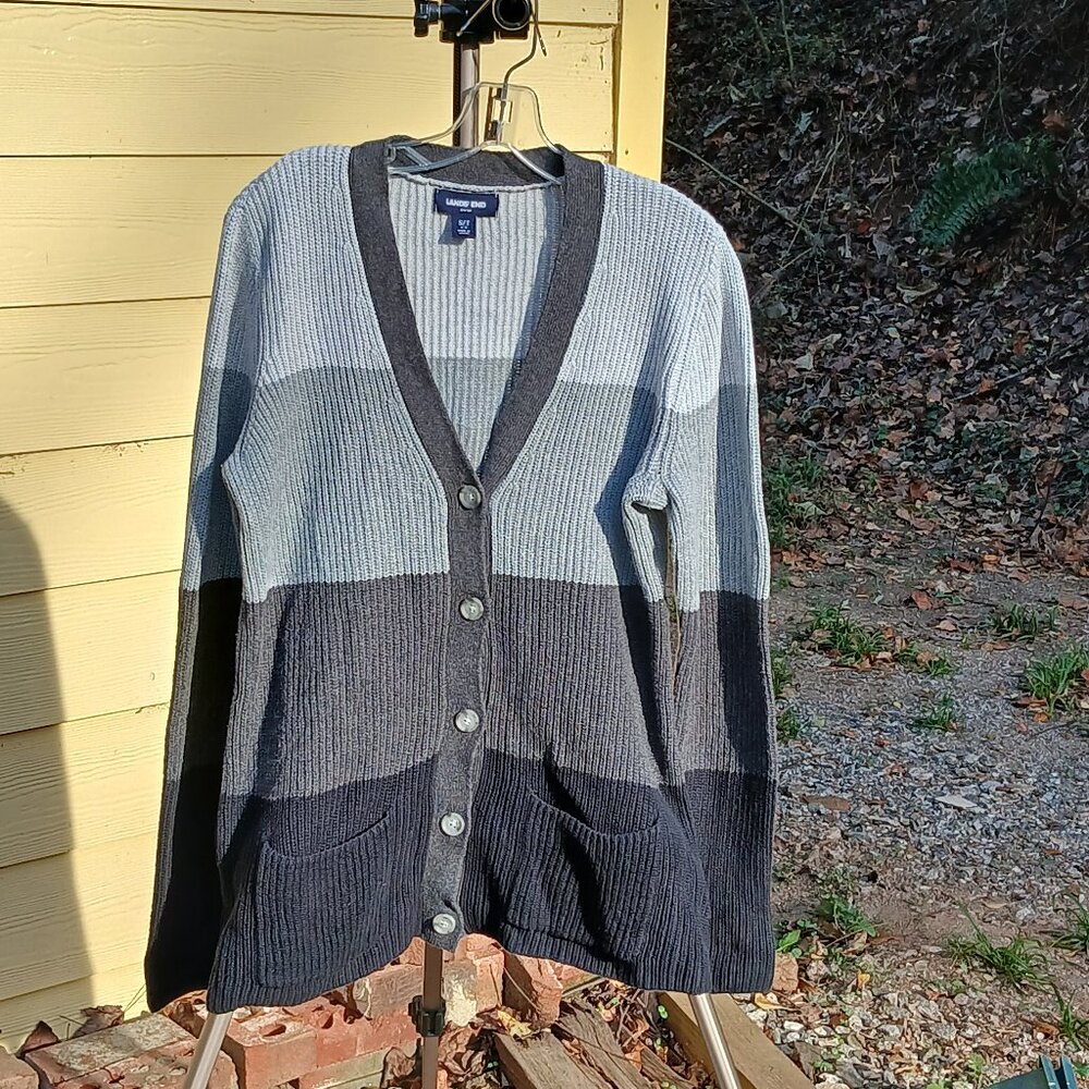 Lands' End Drifter Grey Color Block Cardigan with Pockets & Buttons Sz S/T
